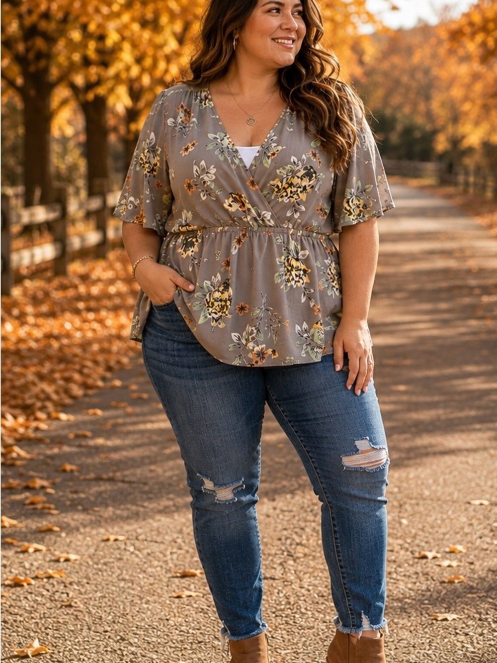 Torrid Floral Wrap Waist-Peplum Blouse in Taupe